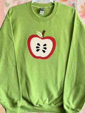 Half Apple Polka Dot Patchwork Embroidered Kiwi Green Medium Crewneck Sweatshirt